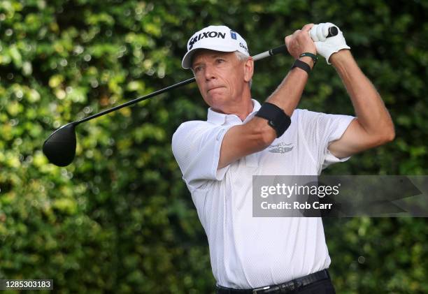 Larry Mize of the United States plays his shot off the second tee during the first round of the Masters at Augusta National Golf Club on November 12,...