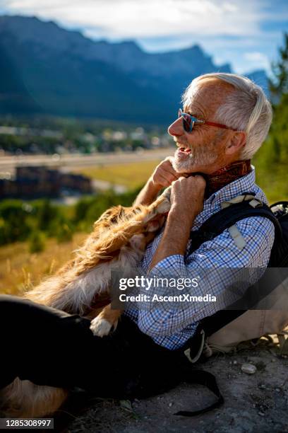 senior man sits with a dog on a leash in the mountains - distinguished gentlemen with white hair stock pictures, royalty-free photos & images