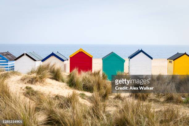 multi-coloured beach huts on sandy beach - beach shack foto e immagini stock