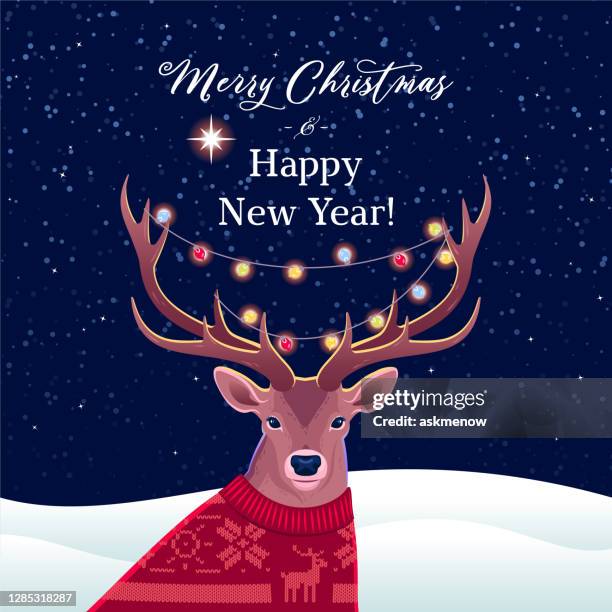 christmas card with a deer - reindeer horns stock illustrations