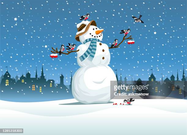 illustrations, cliparts, dessins animés et icônes de bonhomme de neige avec des oiseaux et le paysage urbain - snowman