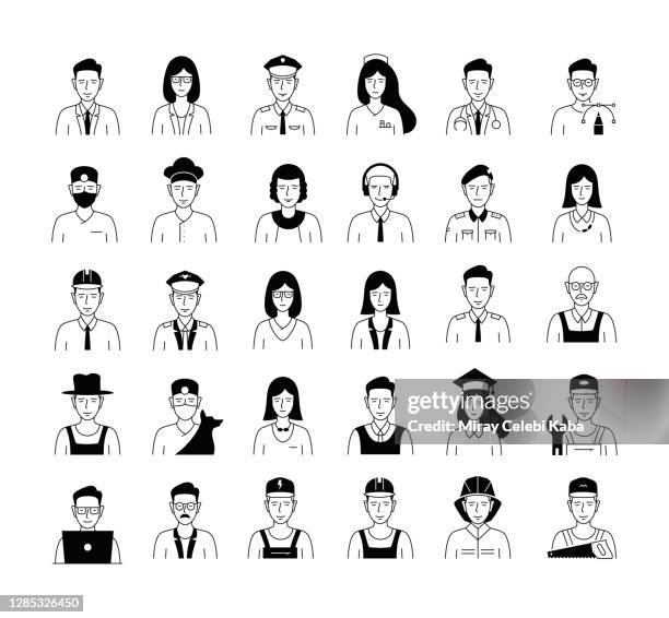 business people and occupations line icon set - doctor and engineer stock illustrations