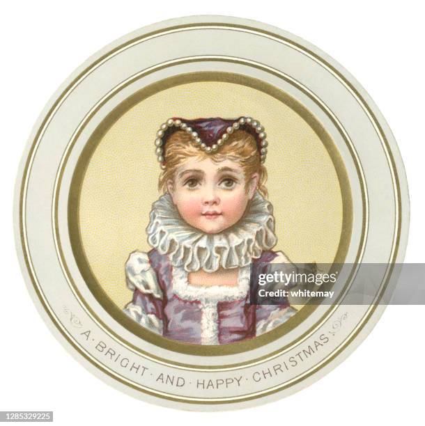 stockillustraties, clipart, cartoons en iconen met cirkel victoriaanse kerstkaart met elizabethan meisje portret, 1881 - elizabethaanse stijl