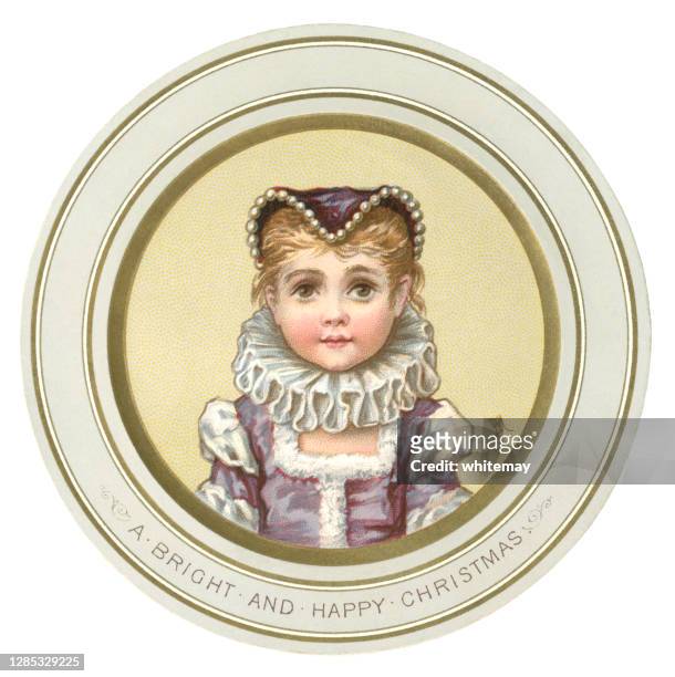 ilustrações de stock, clip art, desenhos animados e ícones de circular victorian christmas card with elizabethan girl's portrait, 1881 - estilo elisabetano