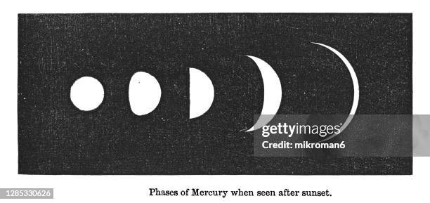 old engraved illustration of astronomy, phases of the mercury when seen after sunset - astro stadium stock pictures, royalty-free photos & images