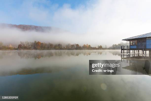 schöner see an einem kalten nebligen morgen, deutschland - niederbayern stock-fotos und bilder