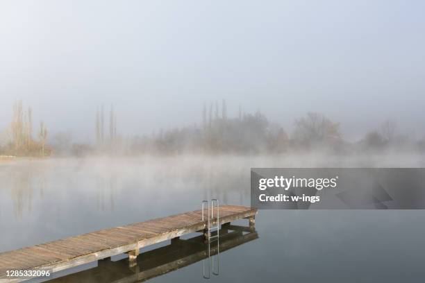 steg am see am misty frühen morgen - niederbayern stock-fotos und bilder