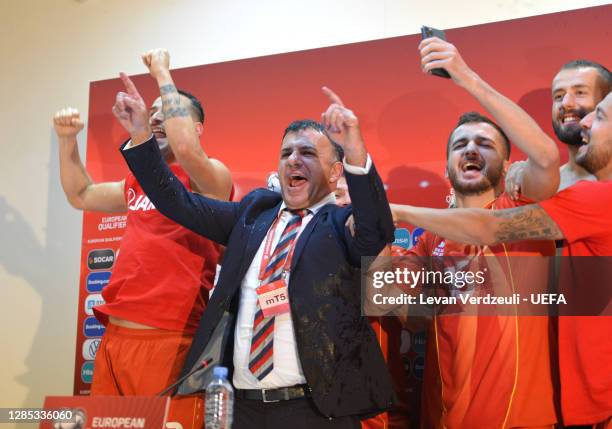 Igor Angelovski, Head Coach of North Macedonia celebrates during a press conference with his team during the UEFA EURO 2020 Play-Off Final between...