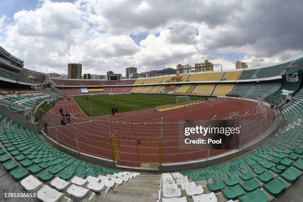 General view of the empty stadium before a match between Bolivia and Ecuador as part of South American Qualifiers for Qatar 2022 at Estadio Hernando...