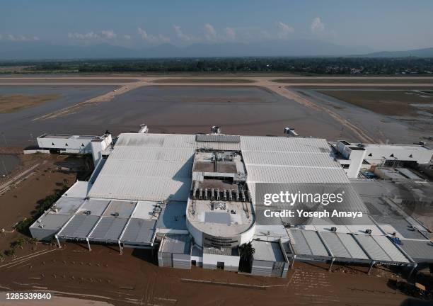 Aerial view of Ramón Villeda Morales airport which will remain closed for at least 30 days due to heavy floods brought by Era Hurricane on November...