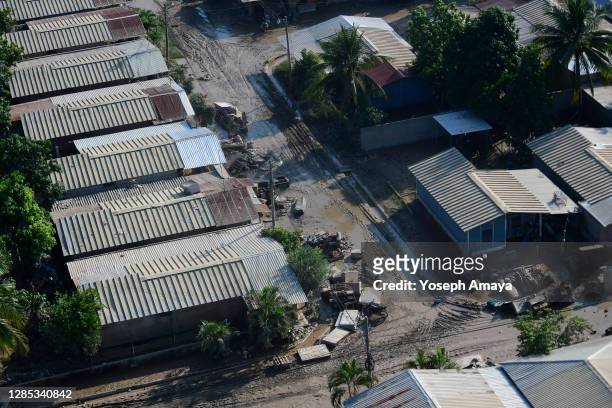 Streets and houses of La Lima remain flooded days after the rains brought by hurricane Eta on November 11, 2020 in La Lima, Honduras. Eta entered...
