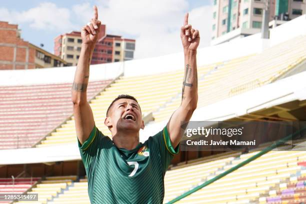 Juan Carlos Arce of Bolivia celebrates after scoring the opening goal during a match between Bolivia and Ecuador as part of South American Qualifiers...