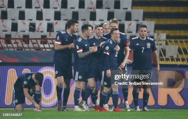 Ryan Christie of Scotland celebrates after scoring his team's first goal with his team during the UEFA EURO 2020 Play-Off Final between Serbia and...