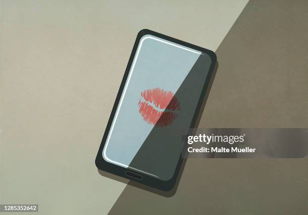 lipstick kiss on smart phone screen - affectionate stock illustrations