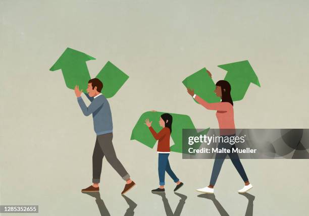 stockillustraties, clipart, cartoons en iconen met family carrying pieces of green recycling symbol - daughter