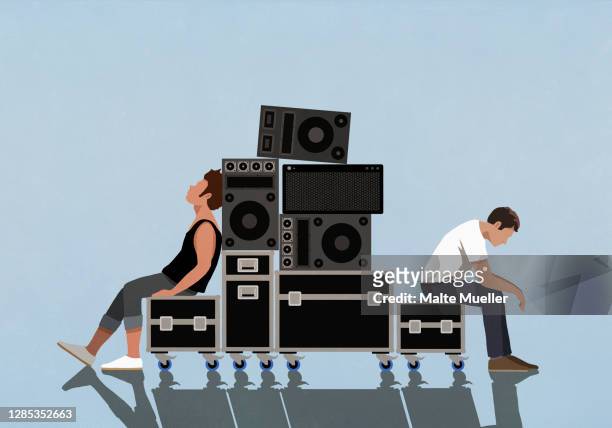 tired young men relaxing on crates of music equipment - audio speakers stock illustrations