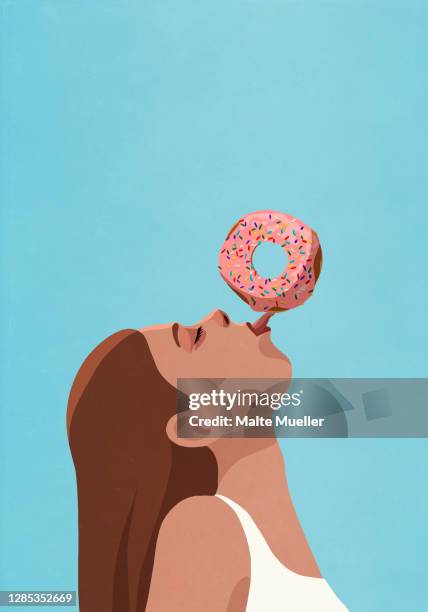 bildbanksillustrationer, clip art samt tecknat material och ikoner med playful young woman balancing donut on tongue - ansiktsbilder