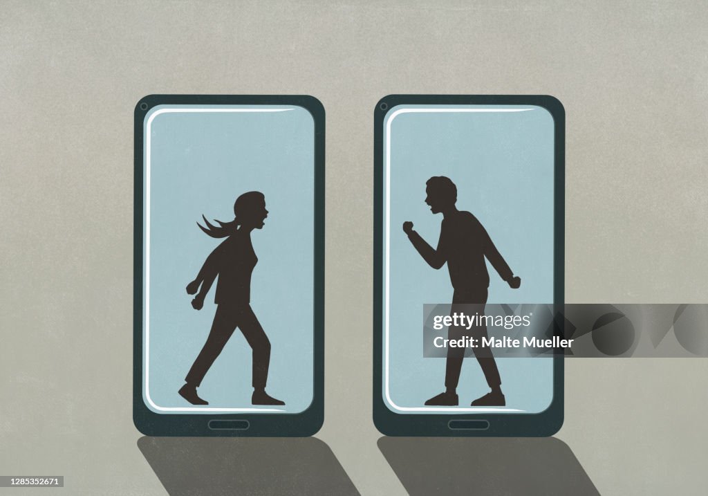 Silhouette of couple fighting on smart phone screens