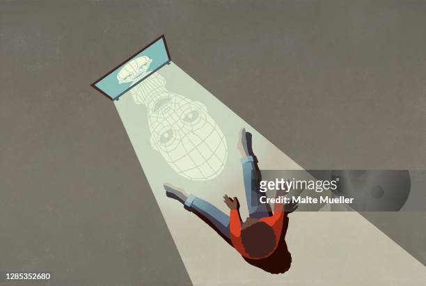 stockillustraties, clipart, cartoons en iconen met cyber bully on computer screen casting shadow on boy - robot illustration