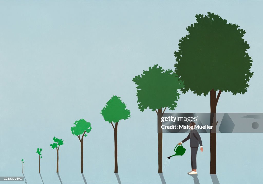 Businessman watering growing trees with watering can