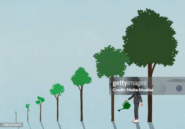 businessman watering growing trees with watering can - mature adult 幅插畫檔、美工圖案、卡通及圖標