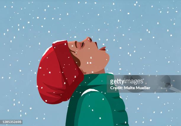 stockillustraties, clipart, cartoons en iconen met carefree girl with head back eating falling snow - tongue