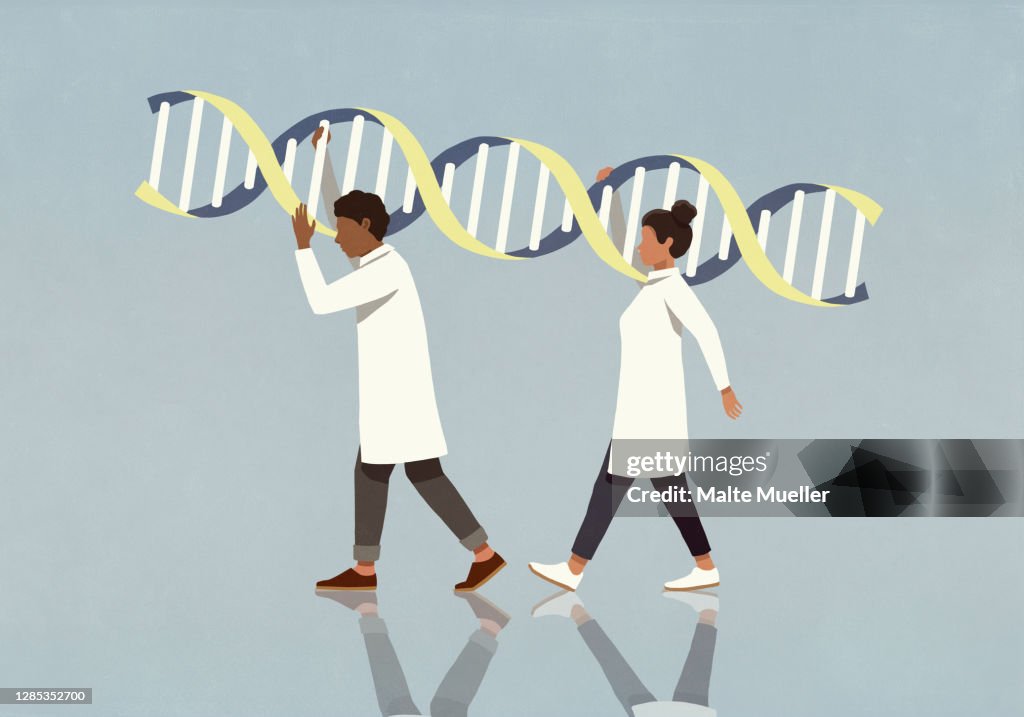Scientists in lab coats carrying large double helix