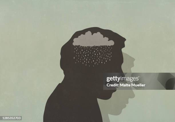 stockillustraties, clipart, cartoons en iconen met silhouette of sad man with rain cloud in head - negatieve eigenwaarde