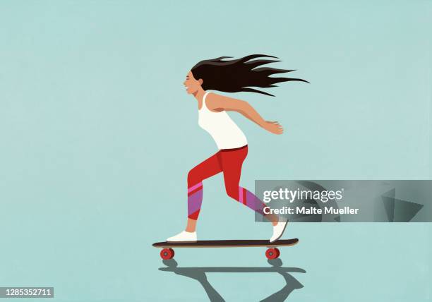 illustrations, cliparts, dessins animés et icônes de exhilarated young woman riding skateboard - skate board