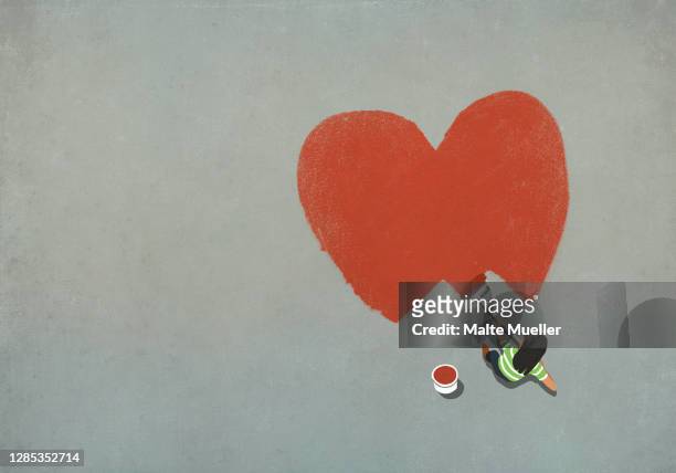 woman painting red heart with paint roller - attached stock illustrations