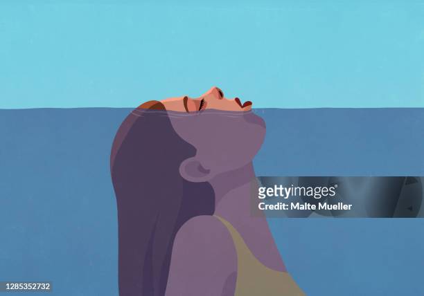 illustrazioni stock, clip art, cartoni animati e icone di tendenza di woman gasping for air above water - tristezza