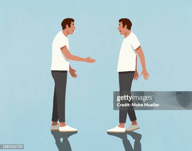 illustrazioni stock, clip art, cartoni animati e icone di tendenza di surprised twin brothers face to face - incapacità di comunicare