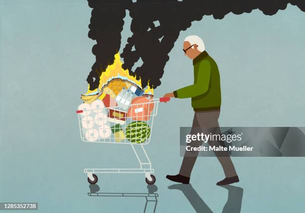 illustrations, cliparts, dessins animés et icônes de senior man pushing shopping cart full of burning groceries - buying toilet paper