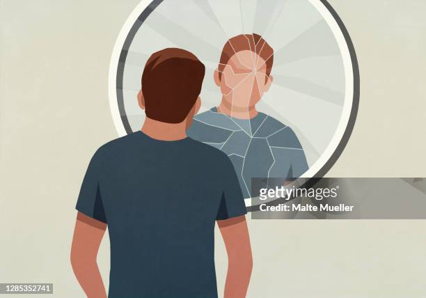ilustraciones, imágenes clip art, dibujos animados e iconos de stock de young man looking into cracked mirror - preocupación por el cuerpo