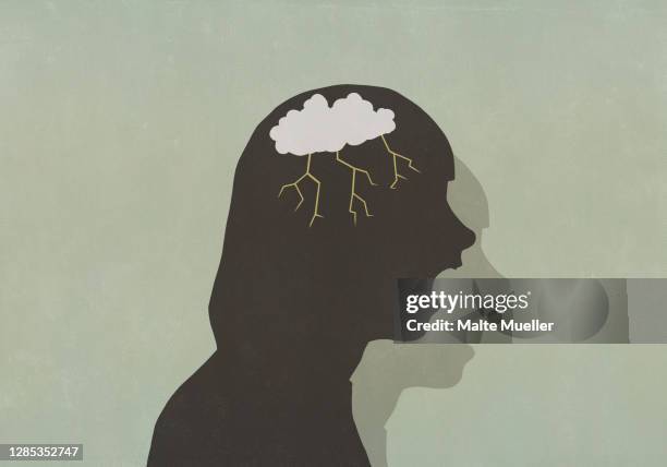profile silhouette screaming woman with storm cloud in head - frustration concept stock illustrations