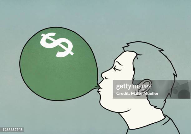 man inflating dollar sign balloon - saving for retirement stock illustrations