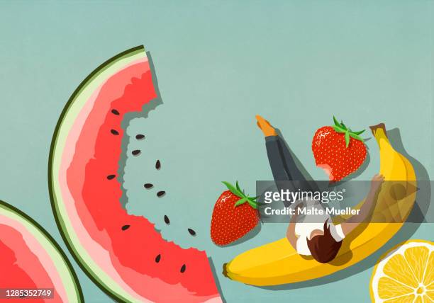 stockillustraties, clipart, cartoons en iconen met woman relaxing among fruit - schaal begrippen