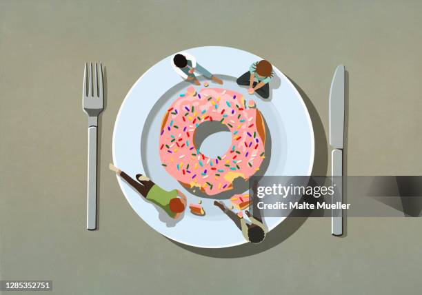 stockillustraties, clipart, cartoons en iconen met people indulging in large sprinkle donut on plate - hebzucht