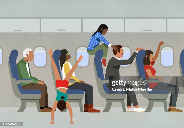 people playing and cheering on airplane - holiday stock illustrations
