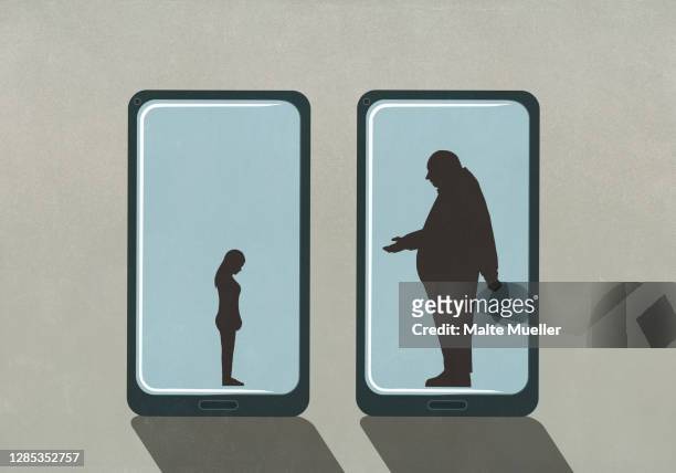 ilustraciones, imágenes clip art, dibujos animados e iconos de stock de large businessman and small woman on smart phone screens - online bullying