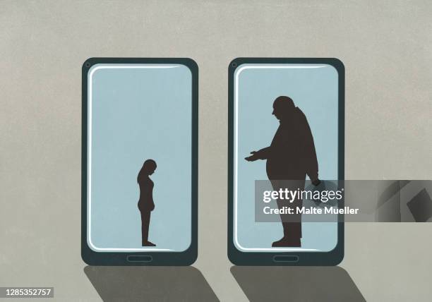 large businessman and small woman on smart phone screens - giant woman small man stock illustrations