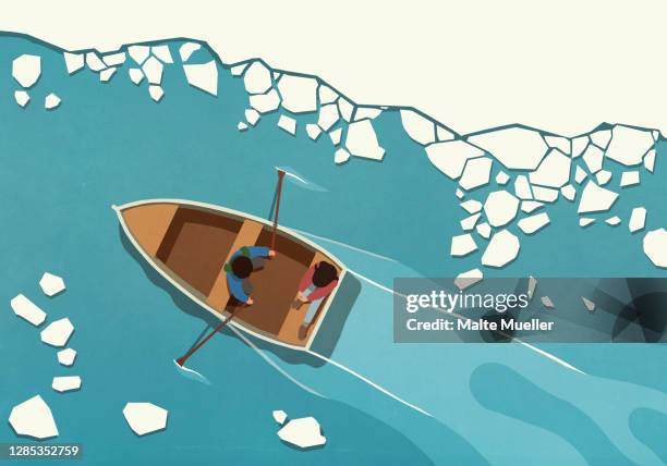 stockillustraties, clipart, cartoons en iconen met couple in rowboat among melting icebergs on sea - climate change