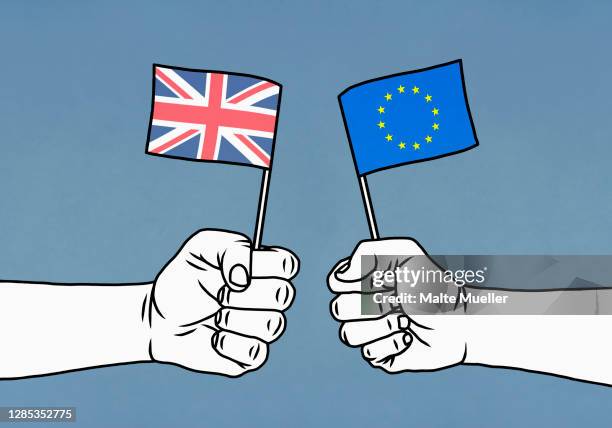 hands holding union jack and european union flags - brexit flags stock-grafiken, -clipart, -cartoons und -symbole