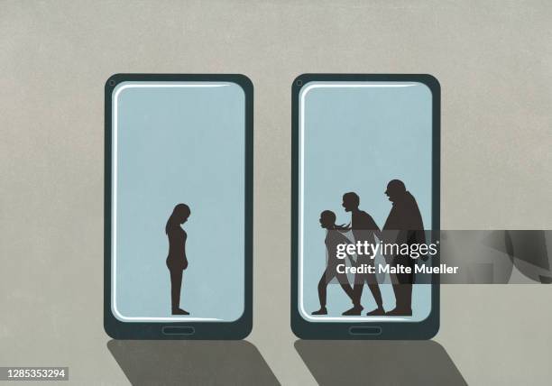 stockillustraties, clipart, cartoons en iconen met people yelling at woman on smart phone screens - social projects address needs of struggling families