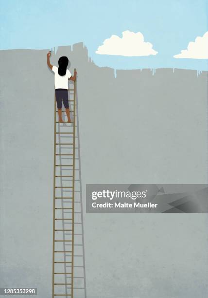 bildbanksillustrationer, clip art samt tecknat material och ikoner med woman on ladder painting blue sky over gray wall - föreställningsförmåga