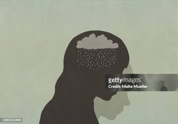 silhouette sad woman with rain clouds in head - eine frau allein stock-grafiken, -clipart, -cartoons und -symbole