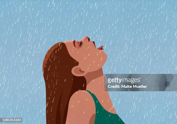 woman with head back drinking falling rain - head back stock illustrations