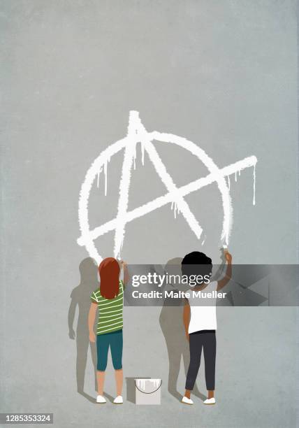 ilustrações de stock, clip art, desenhos animados e ícones de girls painting anarchism symbol on gray wall - símbolo da anarquia