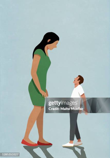 stockillustraties, clipart, cartoons en iconen met large wife towering over small husband - exploitation