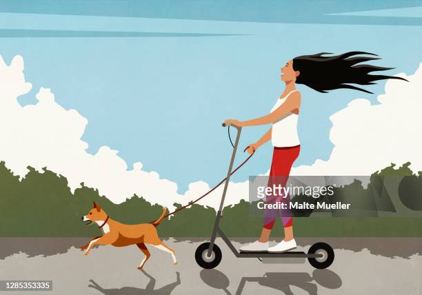 ilustrações, clipart, desenhos animados e ícones de carefree woman riding electric scooter with running dog - atividades de fins de semana